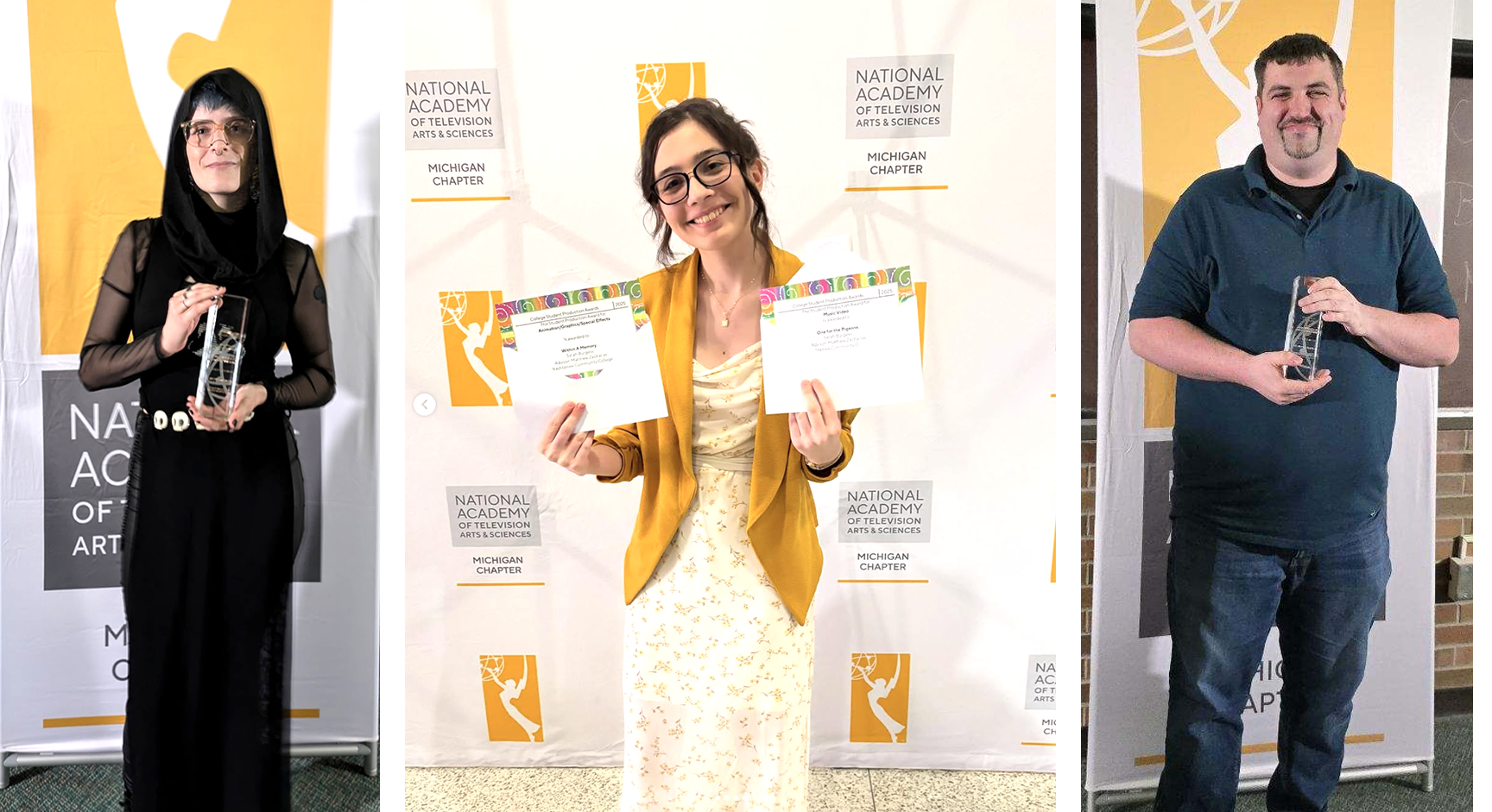 WCC digital video students Meg Stoker, Sarah Burgess and Jake Wilkins pose with their Student Production Awards.