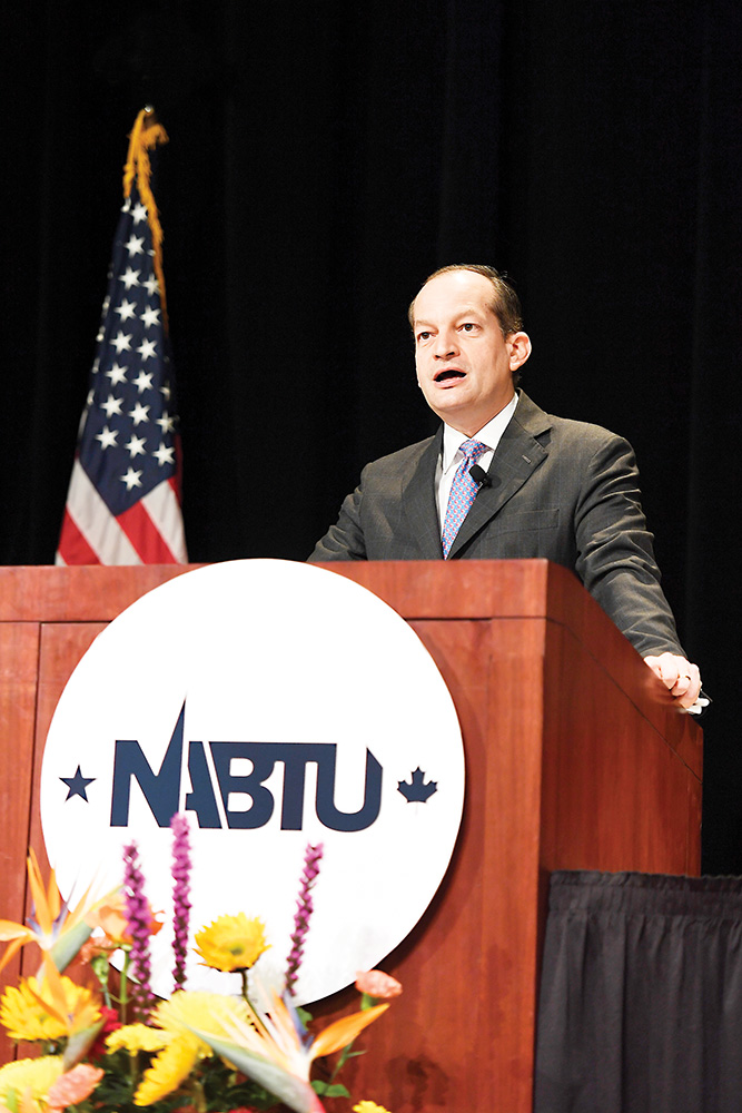 United States Secretary of Labor Alexander Acosta addresses a crowd of North America’s Building Trade Unions members at Washtenaw Community College’s Towsley Auditorium. Acosta spoke about the importance of apprenticeships during the opening session of the group’s two-day Apprenticeship Training Conference held at WCC on October 4-5. | Photo by Lon Horwedel United States Secretary of Labor Alexander Acosta addresses a crowd of North America’s Building Trade Unions members at Washtenaw Community College’s Towsley Auditorium. Acosta spoke about the importance of apprenticeships during the opening session of the group’s two-day Apprenticeship Training Conference held at WCC on October 4-5. | Photo by Lon Horwedel